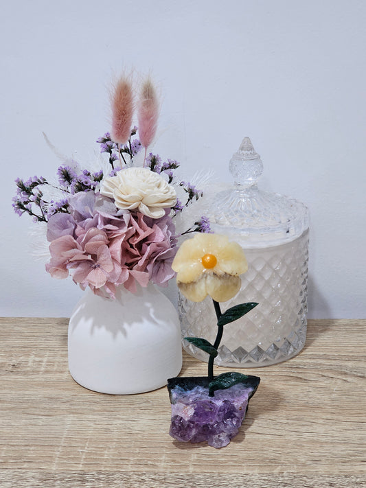 Yellow Calcite Flower On Amethyst.