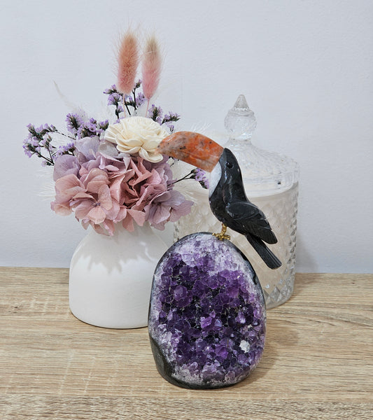 Black Obsidian Toucan With Amethyst Base