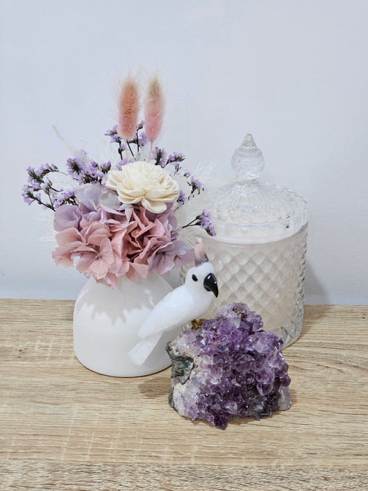 White Jade Cockatoo With Amethyst Base