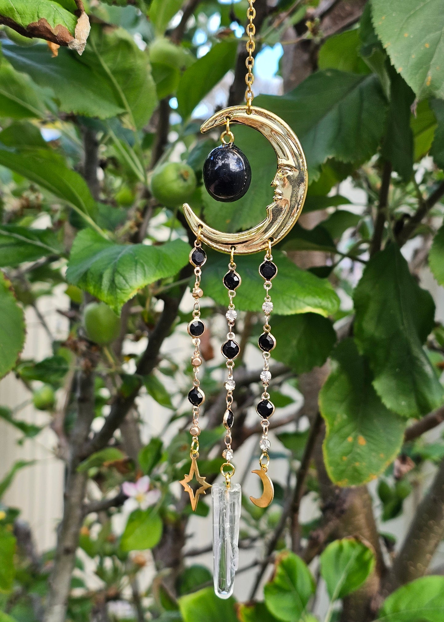 Black Obsidian & Clear Quartz Crystal Hanger