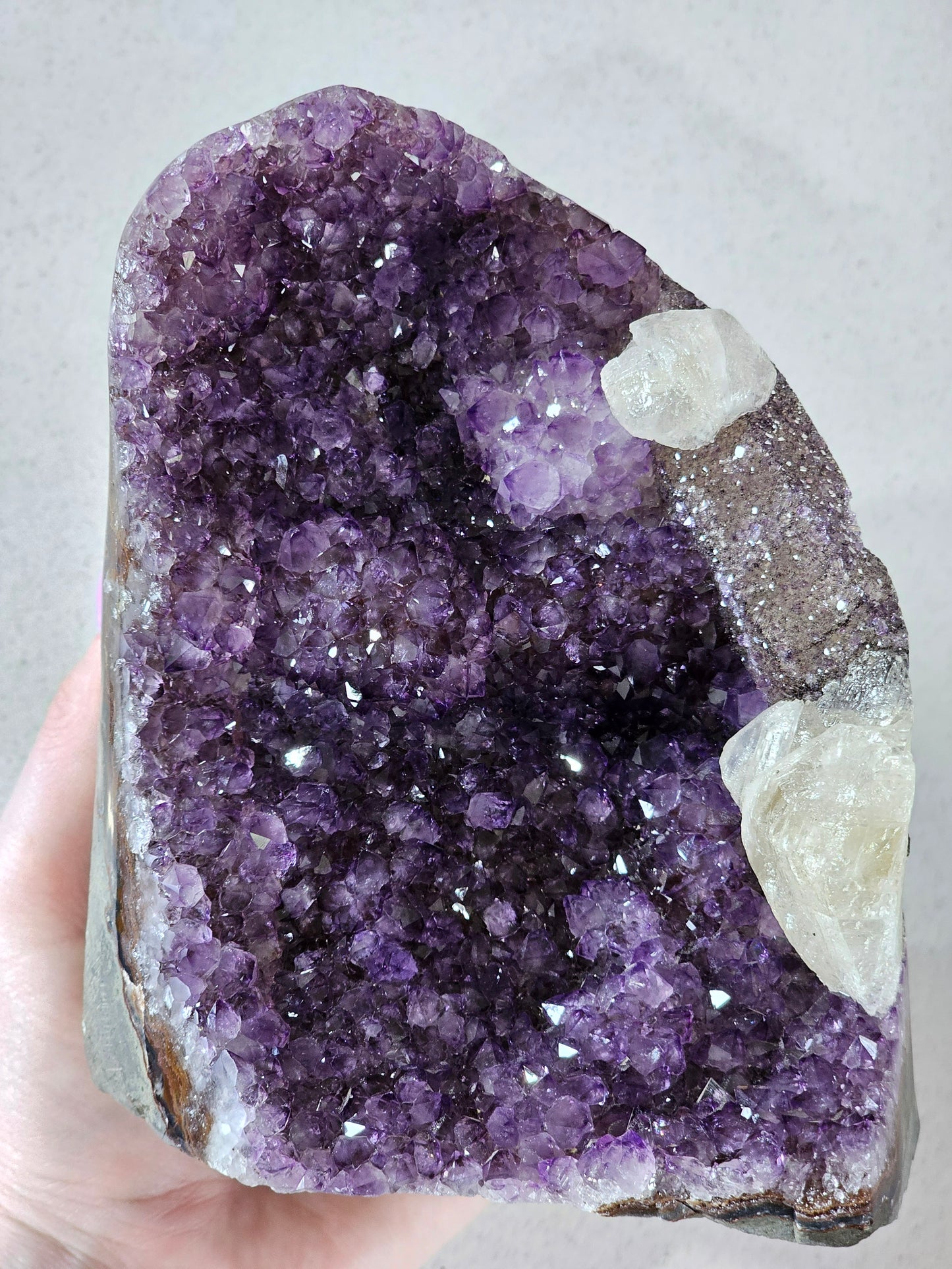 Polished Amethyst Cut Base With Sugary Calcite Point & Hematite