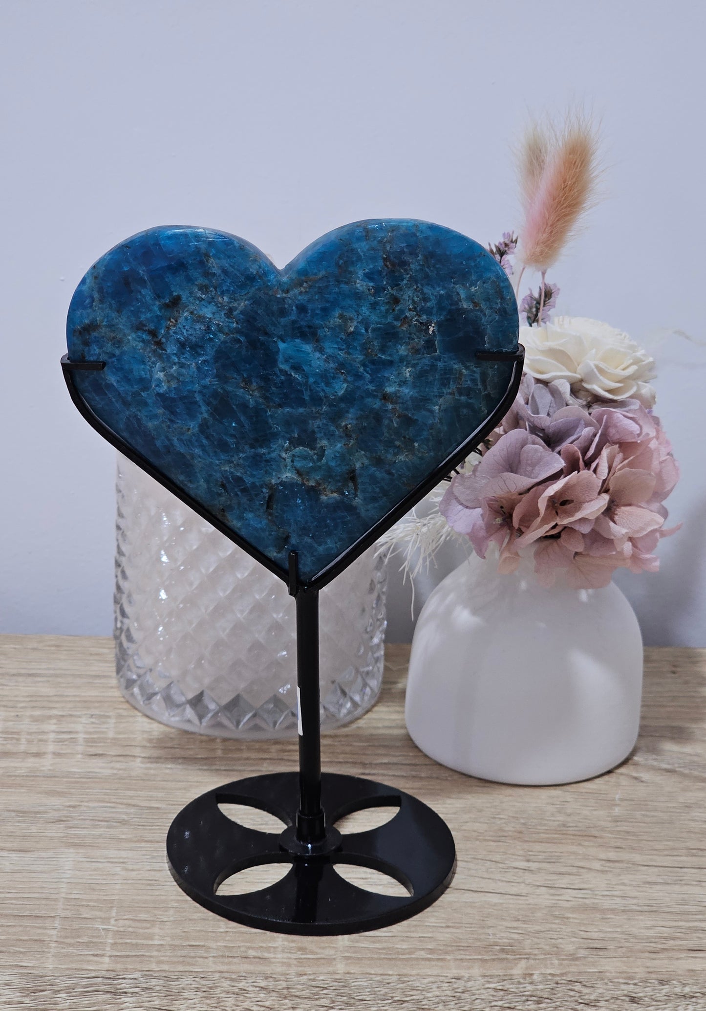 Blue Apatite Heart On Stand.