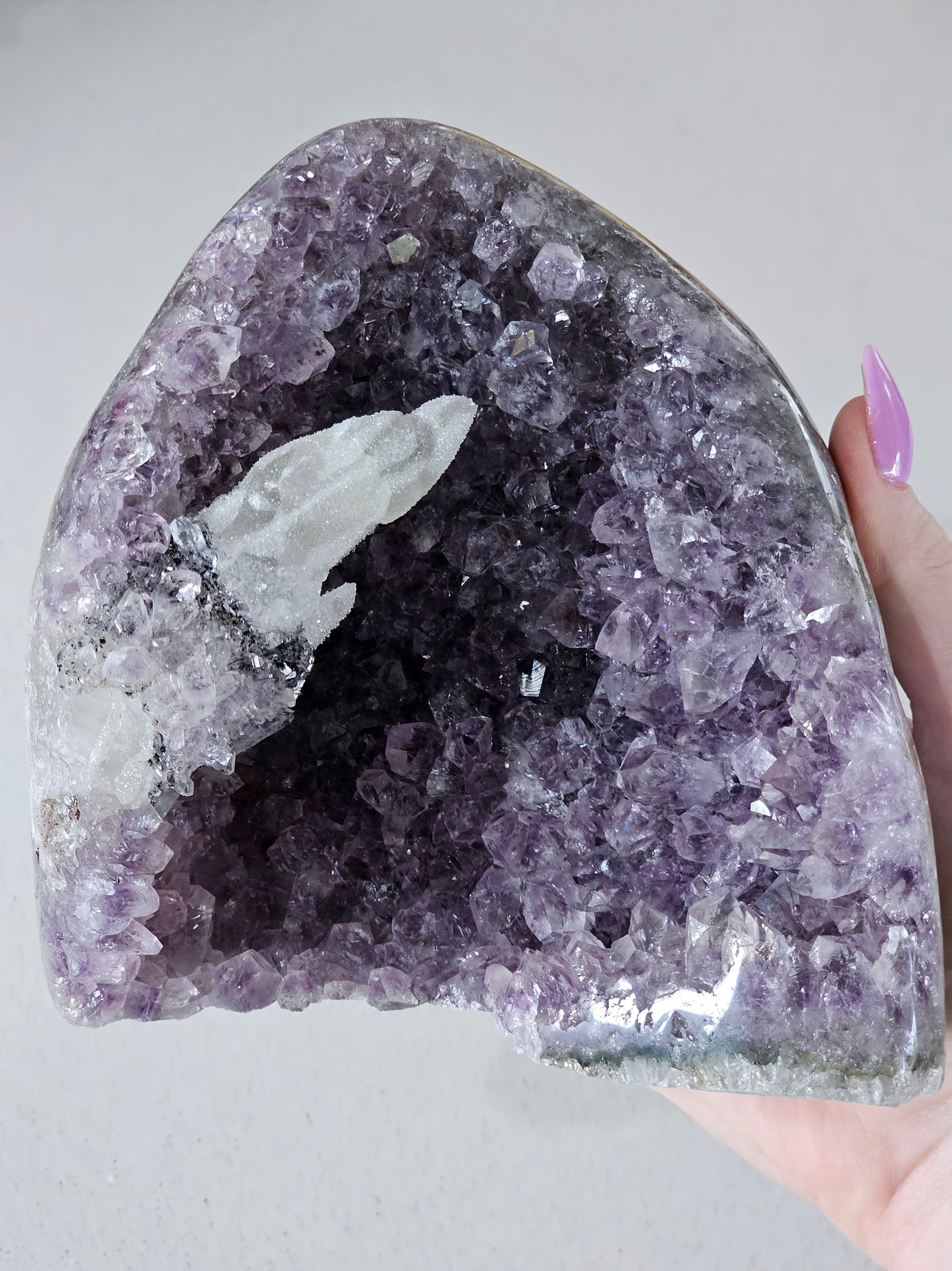 Polished Amethyst Cut Base With Sugary Calcite Point & Hematite