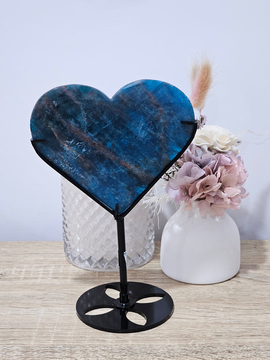 Blue Apatite Heart On Stand.