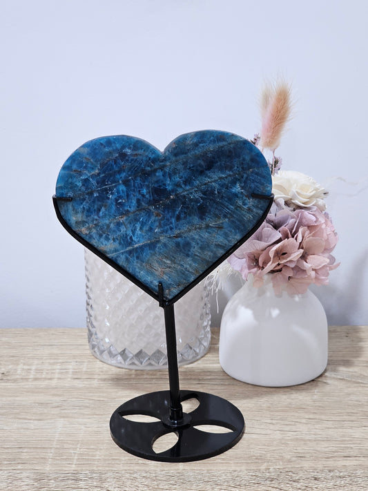 Blue Apatite Heart On Stand.