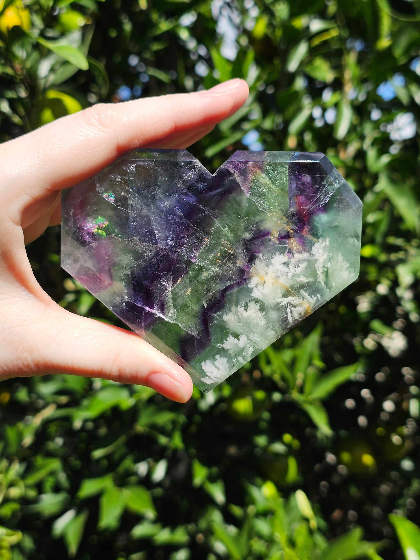 Rainbow Fluorite Heart With Feathers