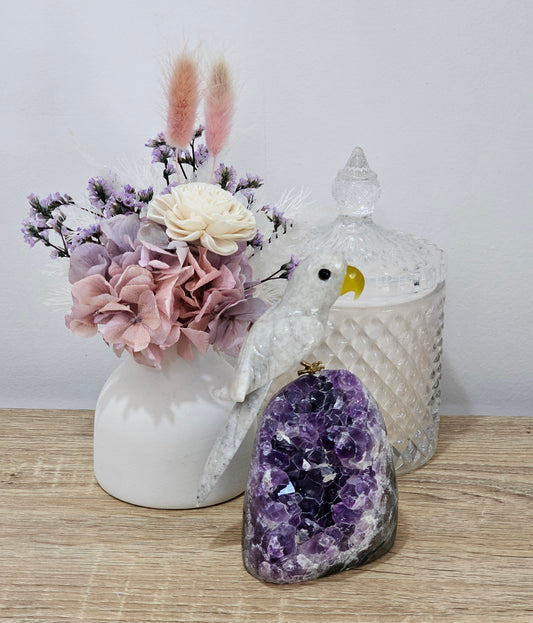 Grey Quartz Bird On Amethyst Base